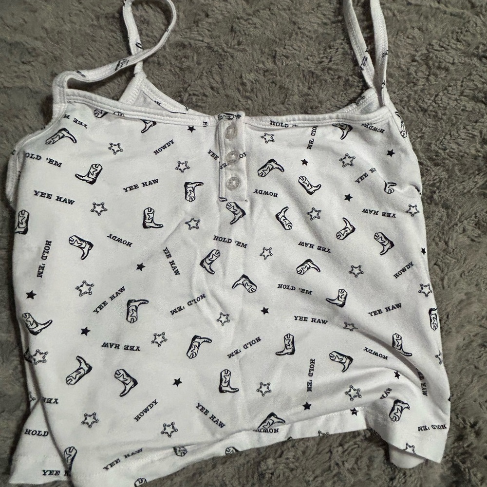 White Tank Top with Black Western Print
